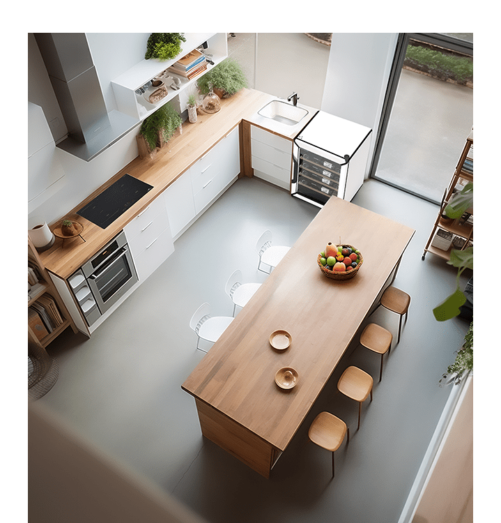 Une cuisine / salle à manger en bois vue du dessus.