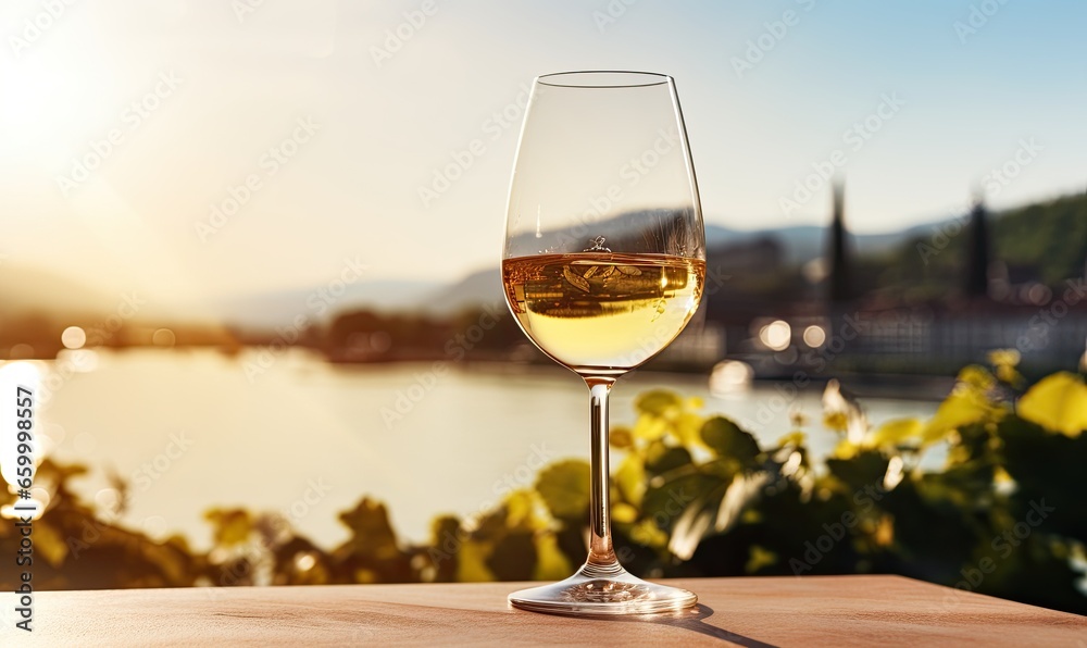 Un verre de vin blanc derrière un plan d'eau